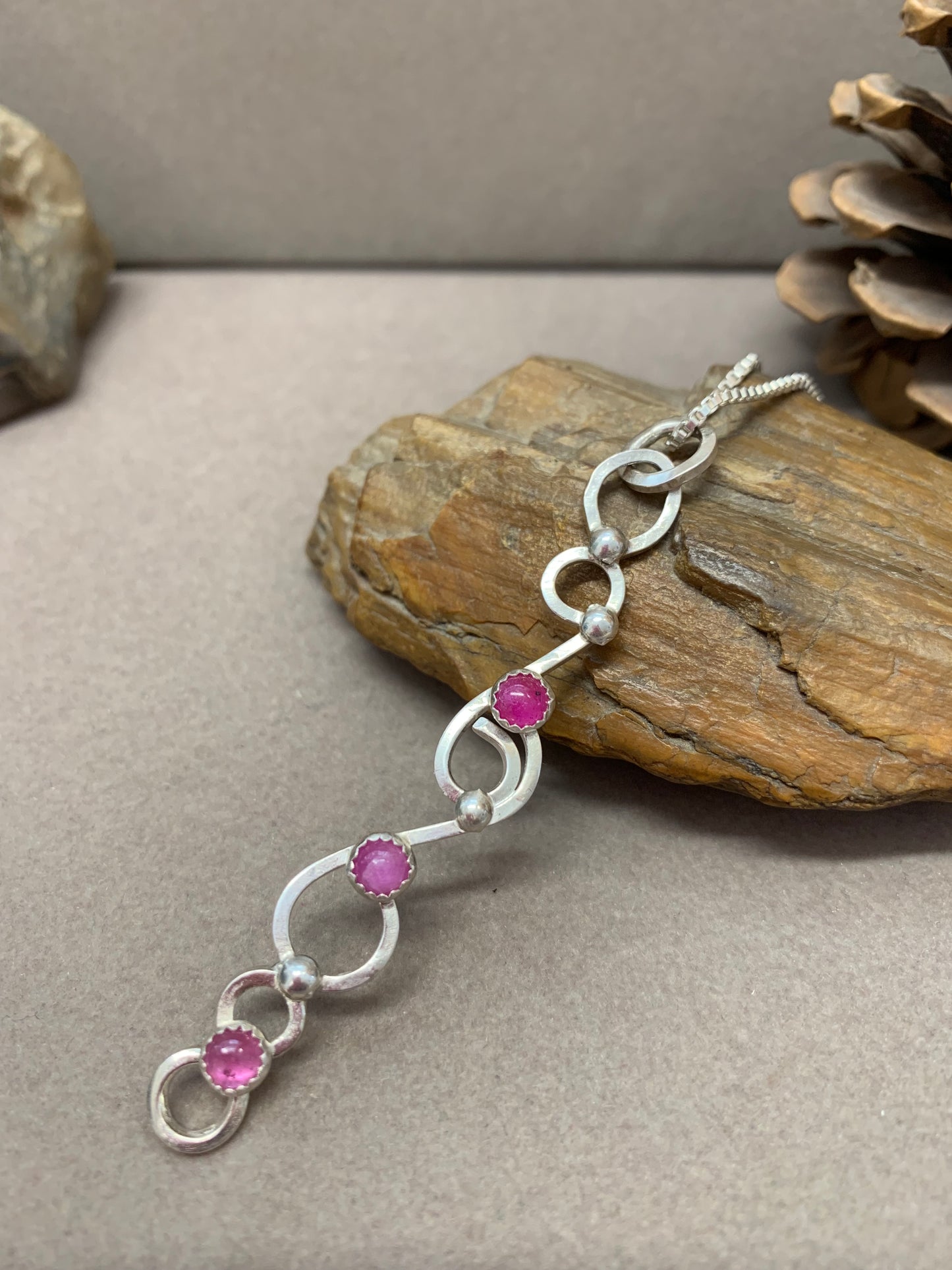 Hand Made Sterling Silver Triple Ruby Pendant Necklace