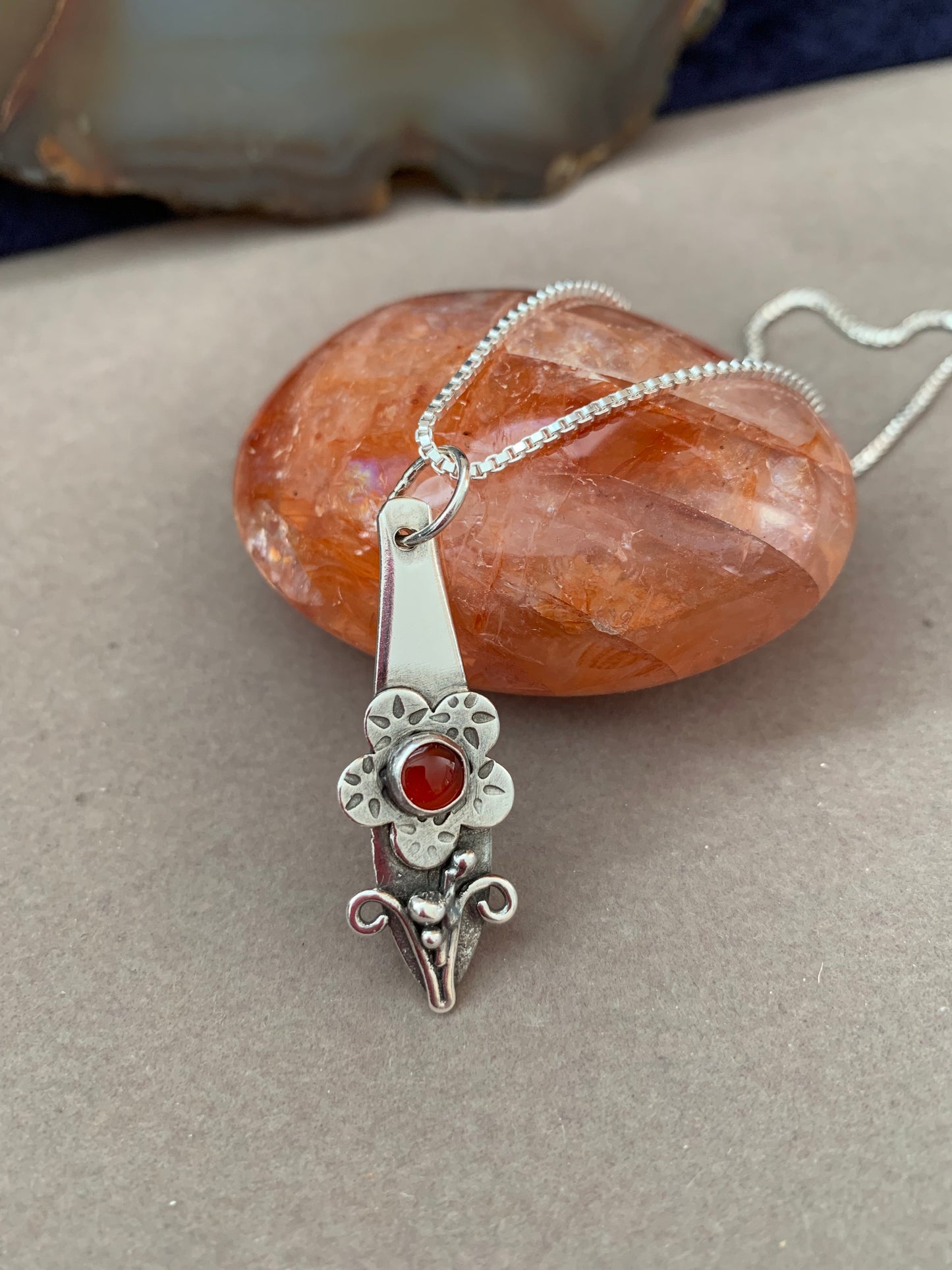 Hand Made Sterling Silver with Carnelian Pendant Necklace