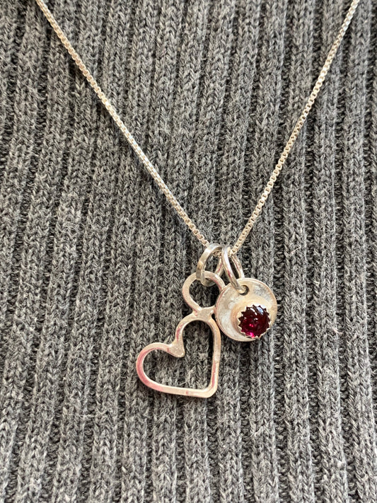 Hand Made Sterling Silver Heart with Garnet Dingle Necklace Pendant