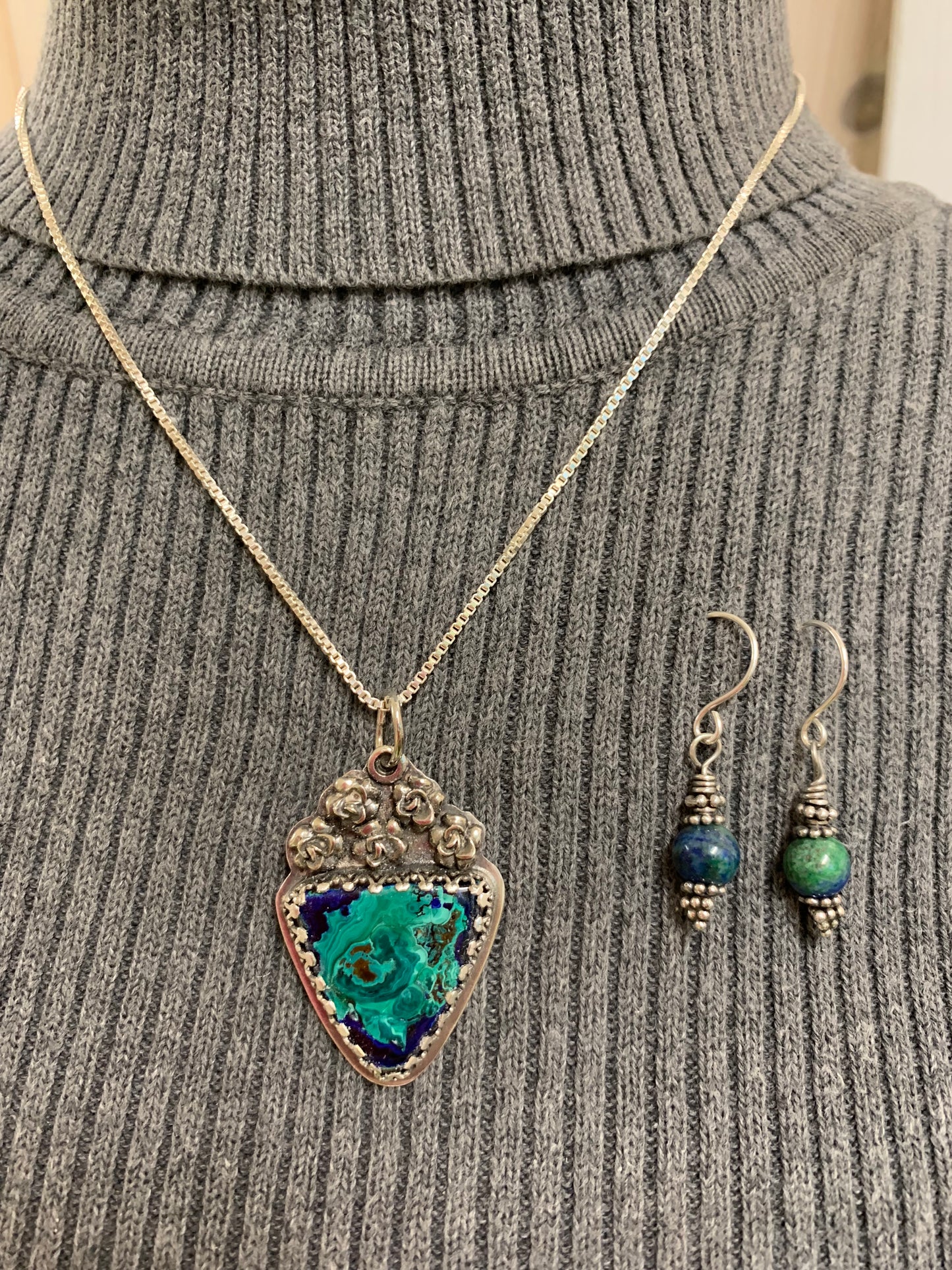 Handmade Sterling Silver Azurite Pendant Necklace and Earrings