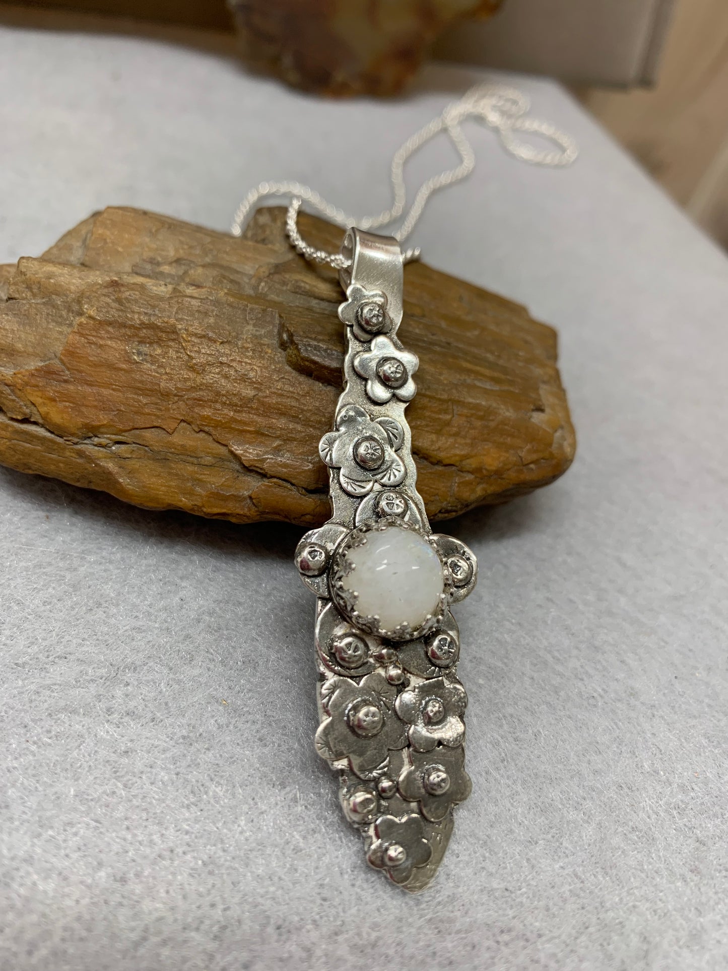Hand Made Sterling Silver Pendant with flowers and Moonstone