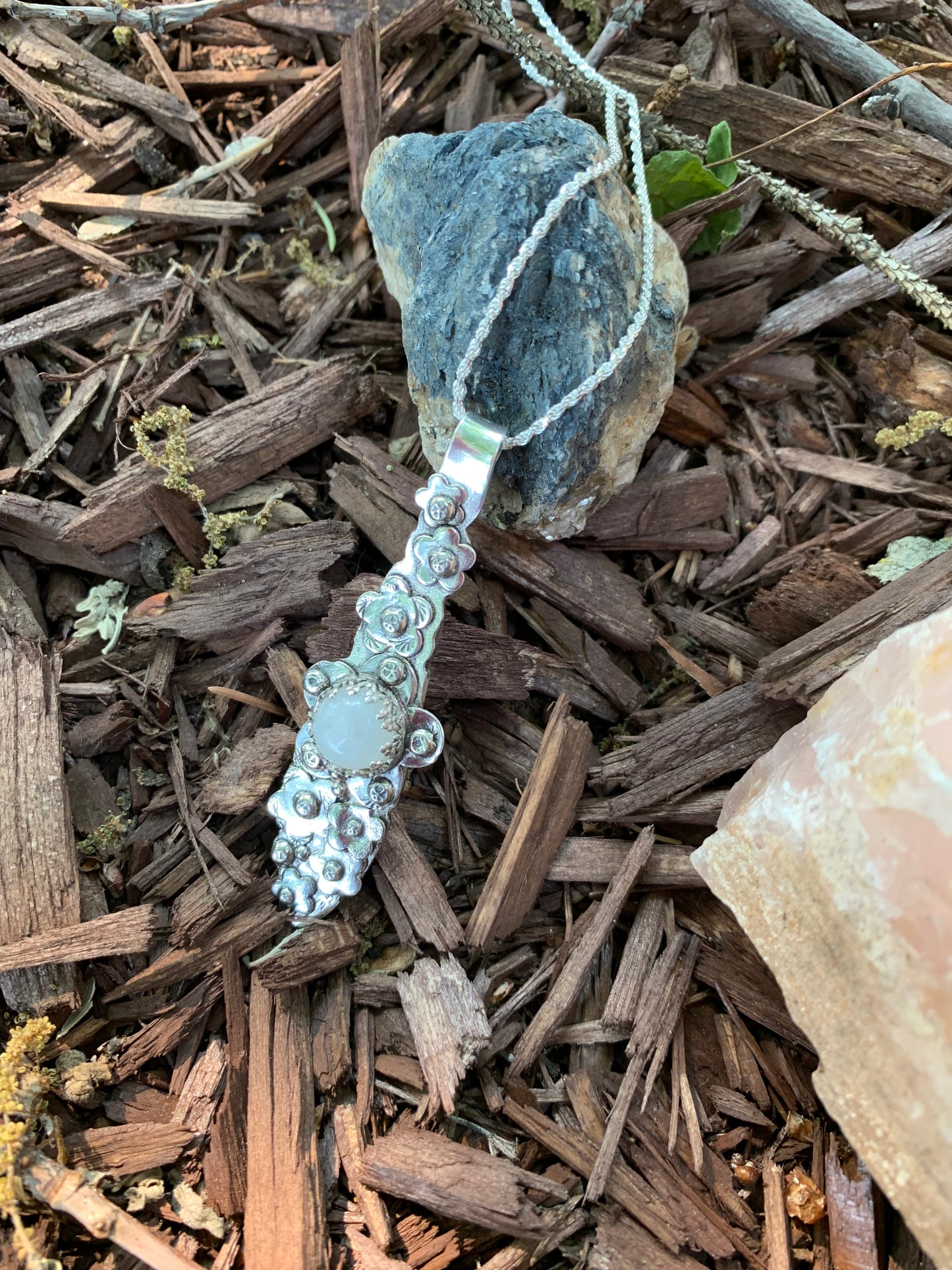 Hand Made Sterling Silver Pendant with flowers and Moonstone