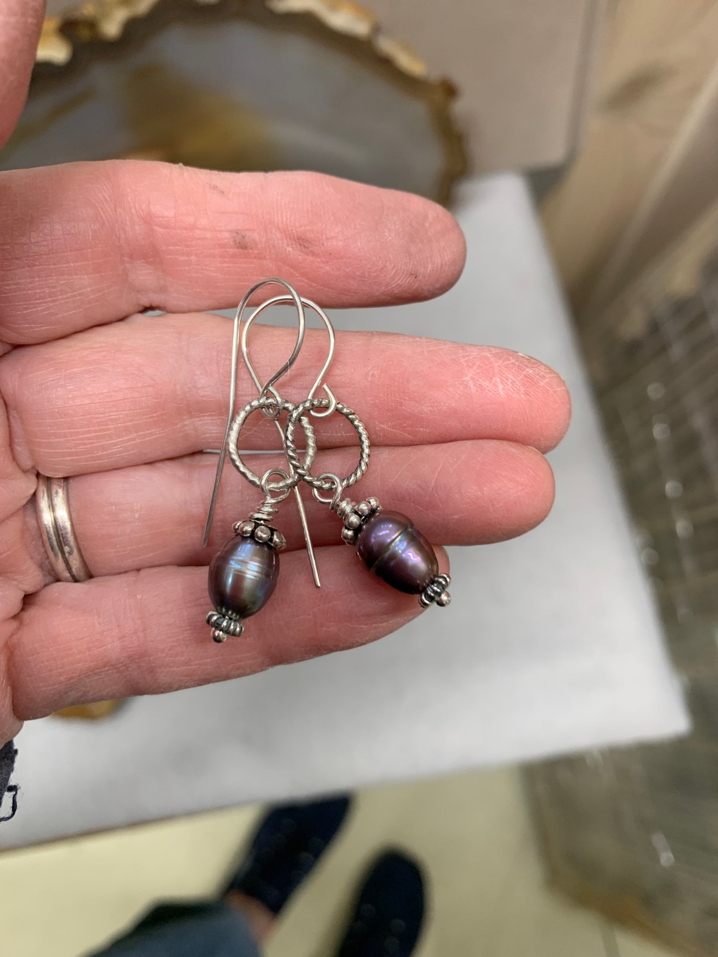 Hand Made Sterling Silver and Grey Pearl Earrings