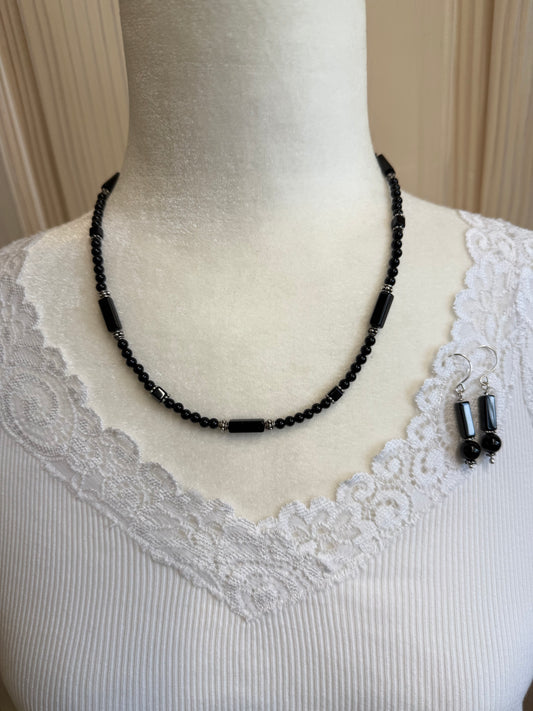 Handmade Sterling Silver and Black Onyx Necklace with Earrings