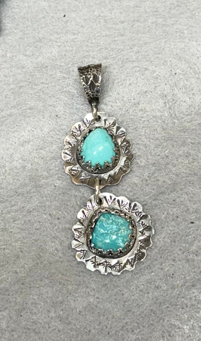 Sterling silver Hand Made Double Turquoise Pendant on Cord