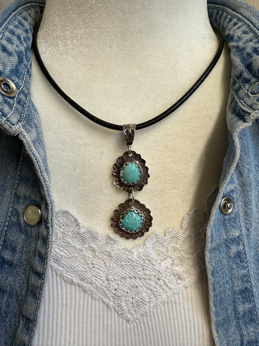 Sterling silver Hand Made Double Turquoise Pendant on Cord