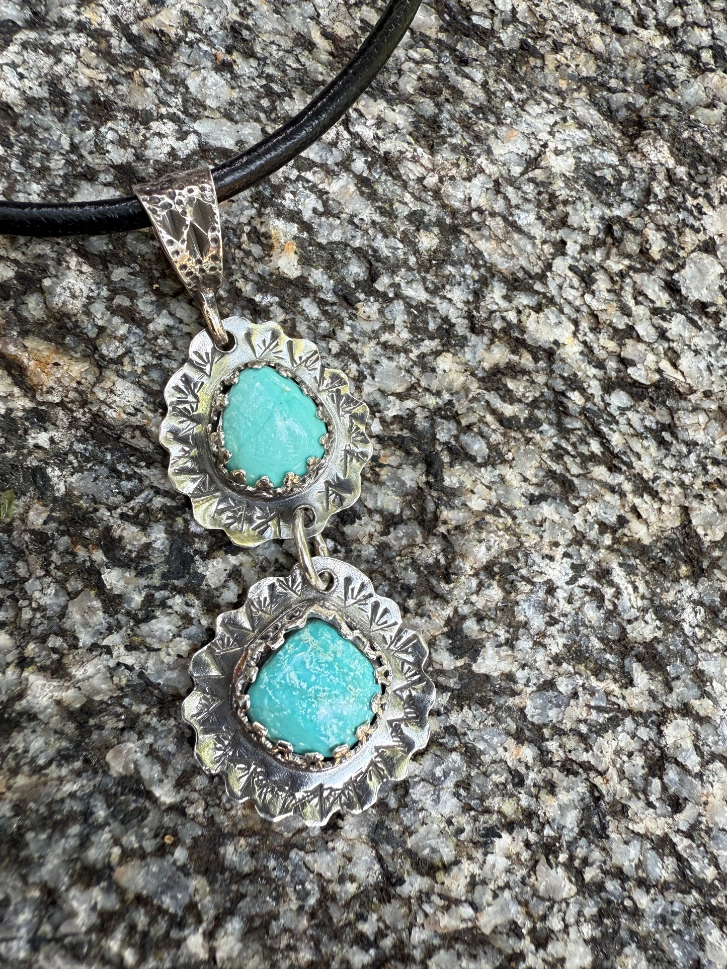 Sterling silver Hand Made Double Turquoise Pendant on Cord