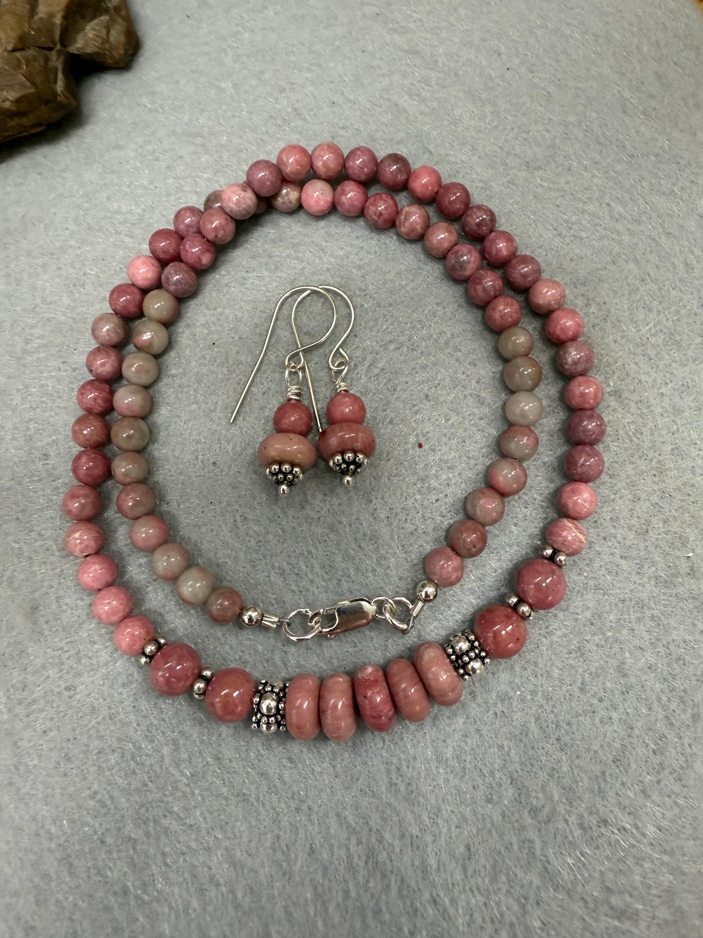 Handmade Sterling Silver Norwegian Thulite Beaded Necklace and Earrings