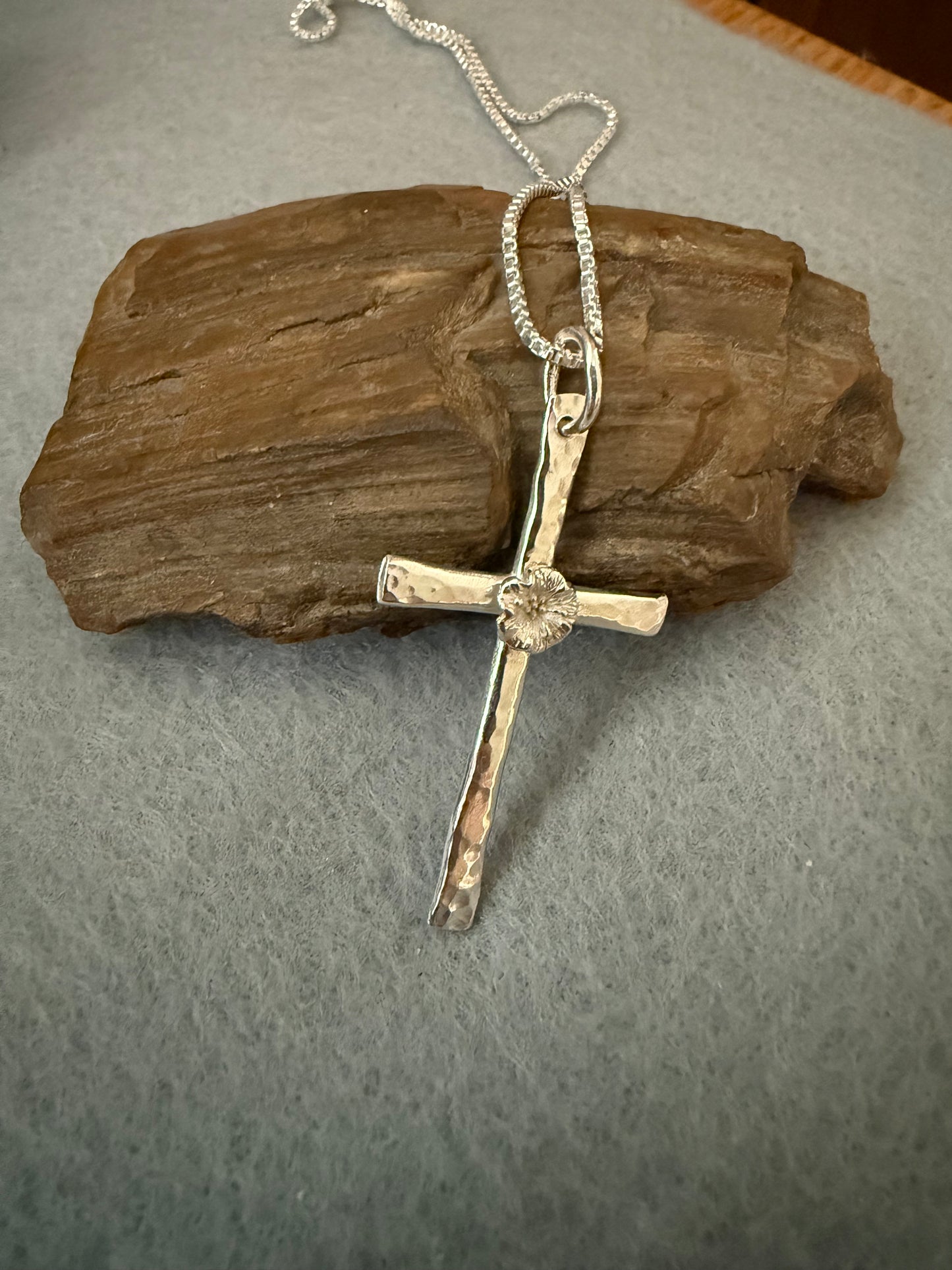 Handmade Sterling Silver Hammered Floral Cross Pendant Necklace