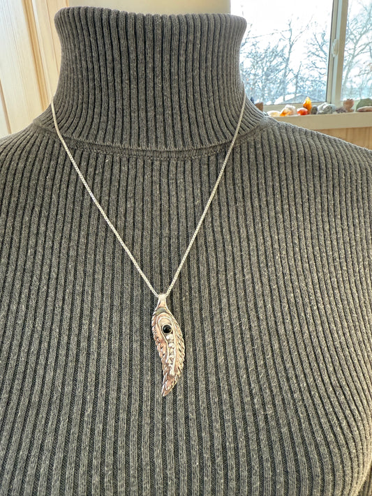 Handmade Sterling Silver Multi Layered Leaf Pendant Necklce with Onyx