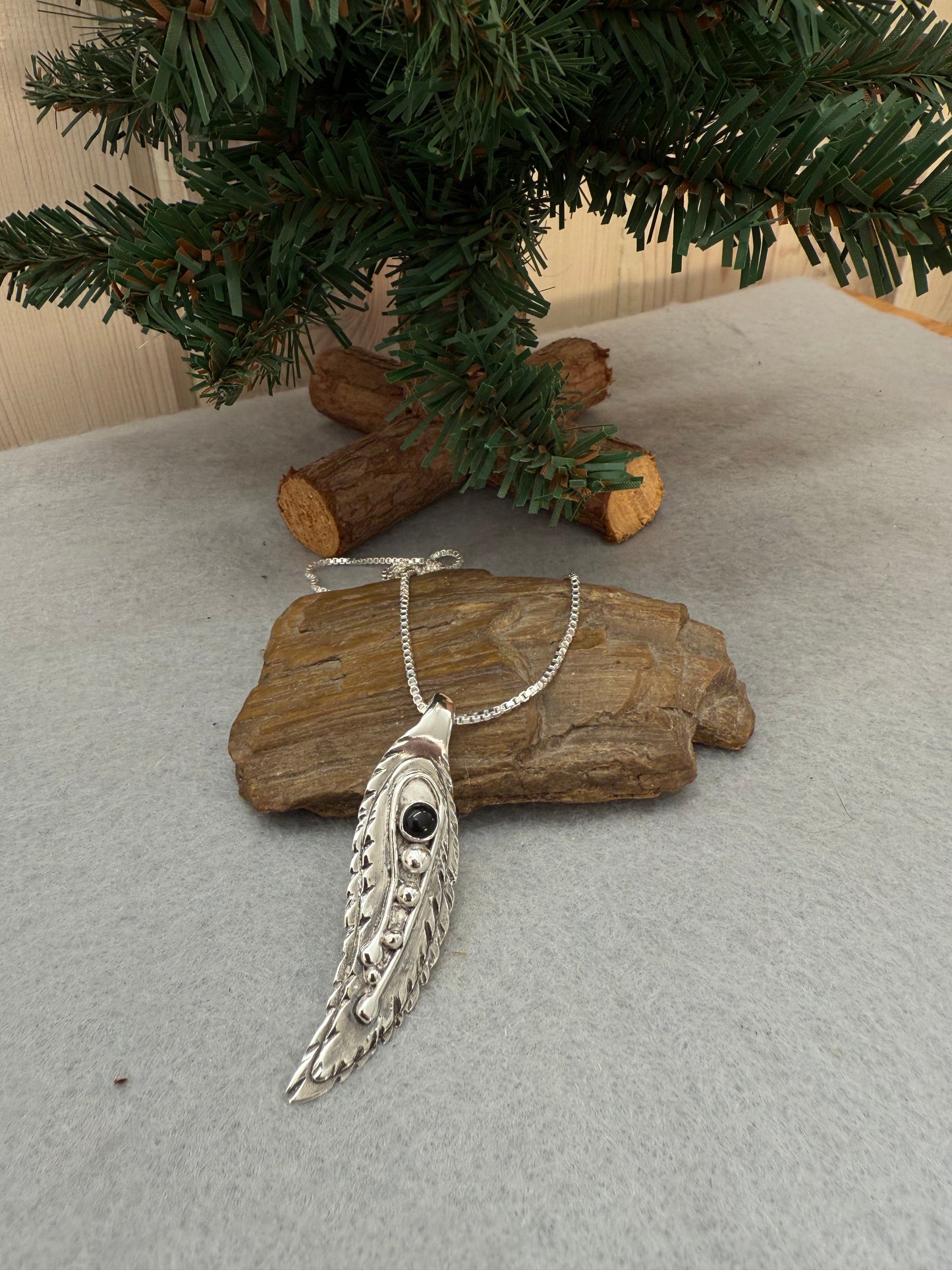 Handmade Sterling Silver Multi Layered Leaf Pendant Necklce with Onyx