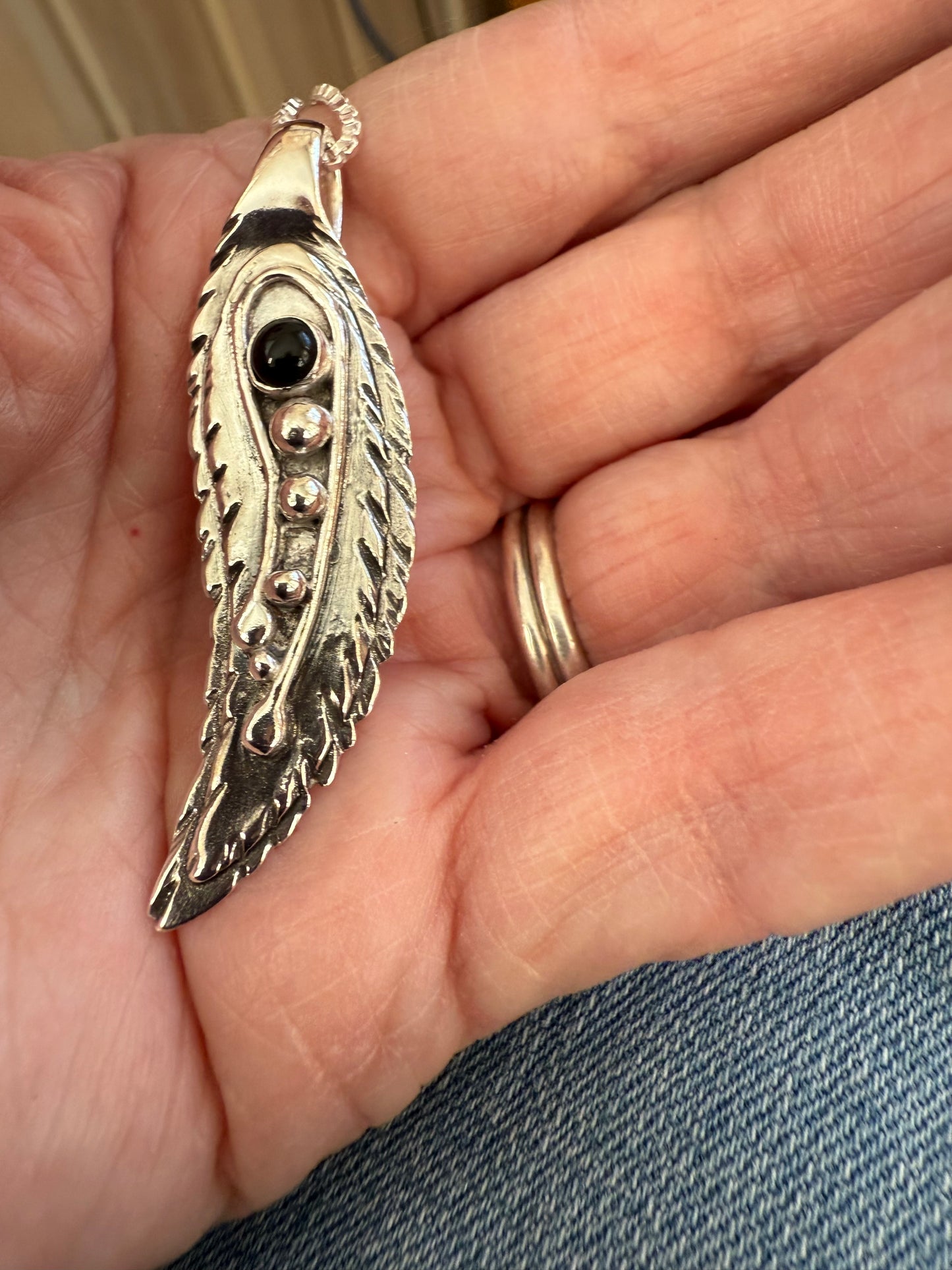 Handmade Sterling Silver Multi Layered Leaf Pendant Necklce with Onyx